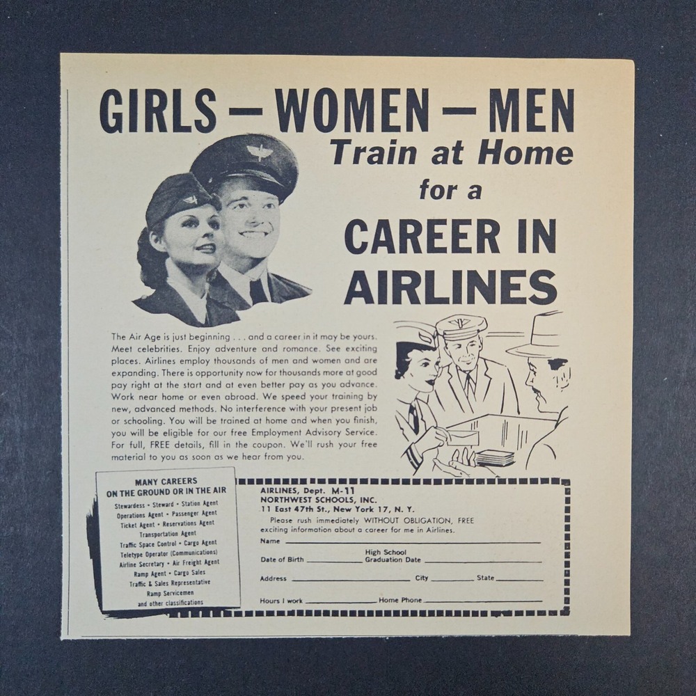 1959 Northwest Schools Career In Airlines Train At Home Vintage Print Ad NYC